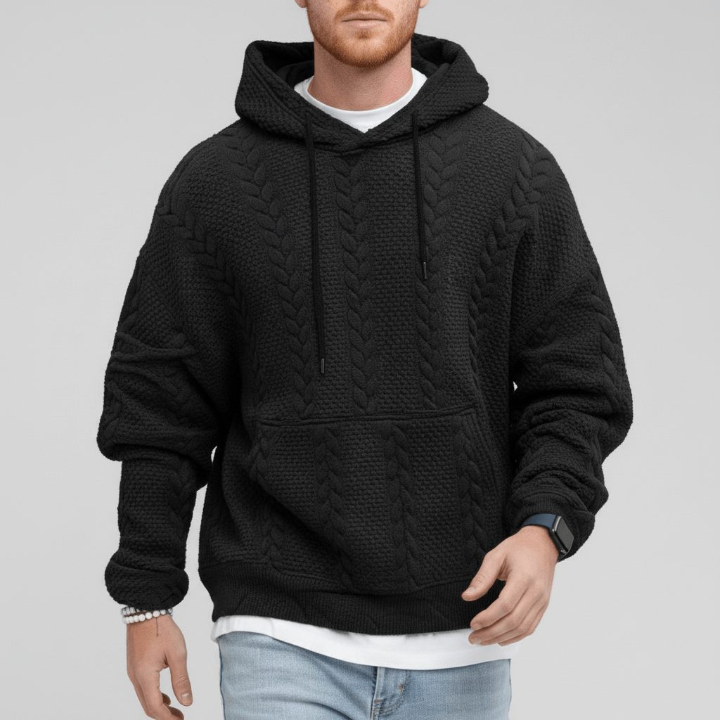 Zachte heren capuchontrui met rijk kabelpatroon, model Logan, voor optimaal comfort.