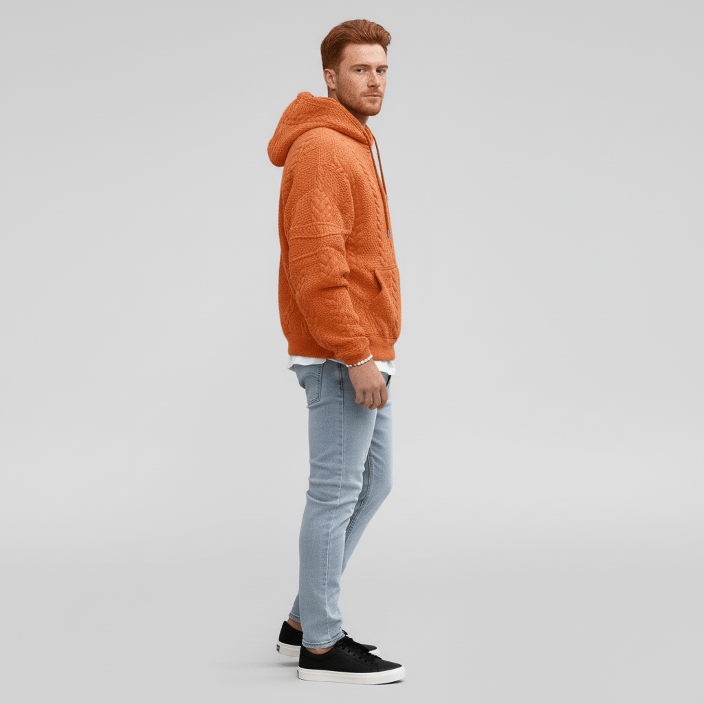 Herenmode: comfortabele en zachte kabelpatroon capuchontrui voor heren.
