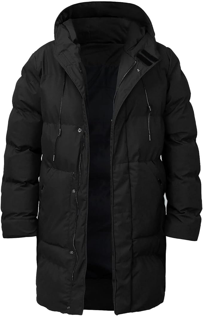 Warme dikke heren pufferjas, essentieel voor wintercollectie. Comfortabele lange jas voor koude dagen.