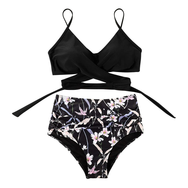 Achteraanzicht van fleurige high-waisted damesbikini, comfortabele pasvorm voor zwemplezier.