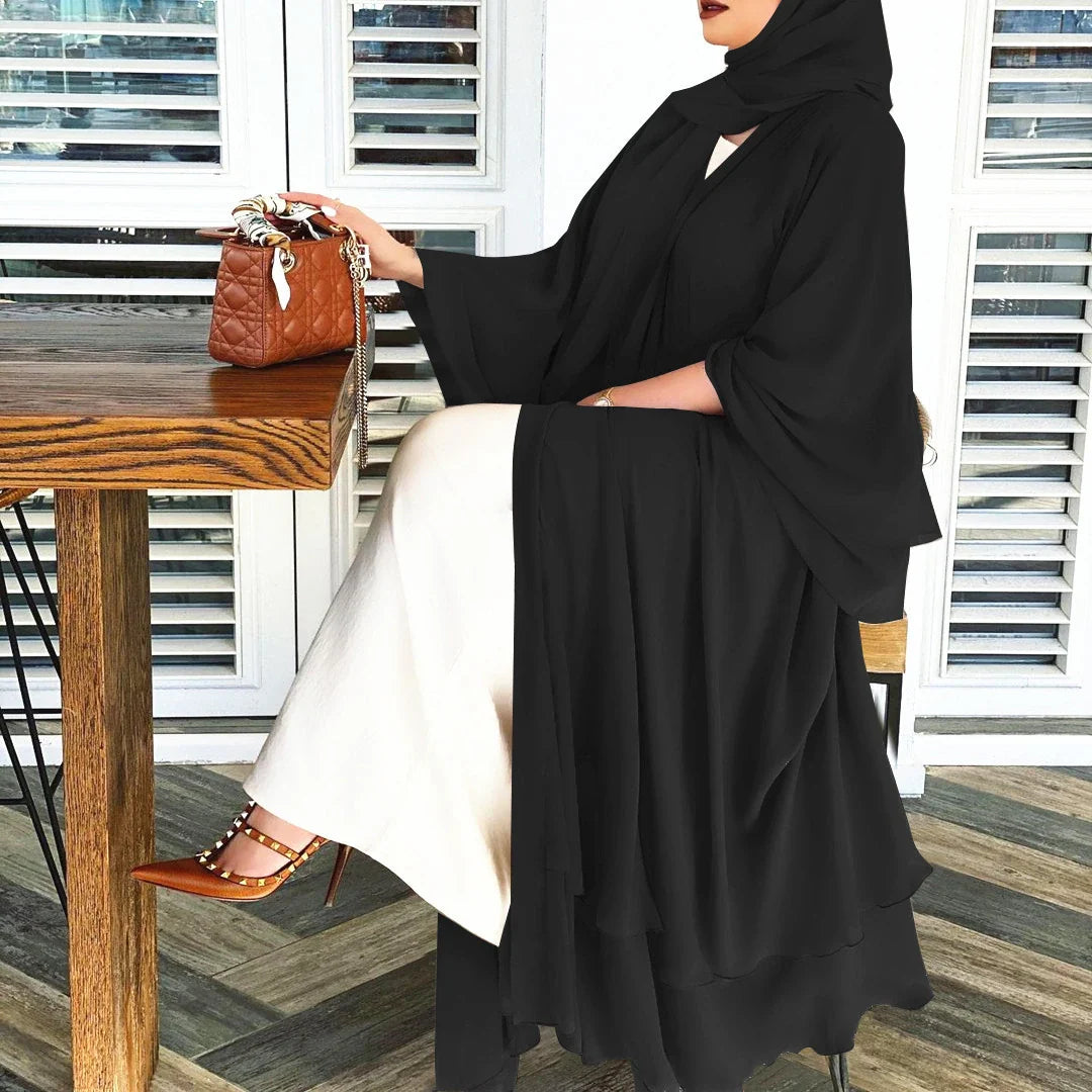 Comfortabele dames Open Abaya Amina en hoofddoek set, luchtige islamitische vrouwenkleding, ideaal voor elke dag.