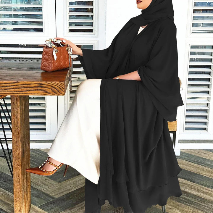 Comfortabele dames Open Abaya Amina en hoofddoek set, luchtige islamitische vrouwenkleding, ideaal voor elke dag.