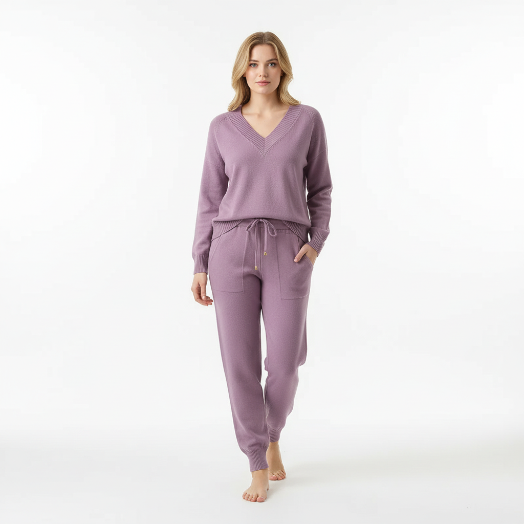 Moderne gebreide dames set. Tweedelige outfit met comfortabele V-hals trui en broek, perfect voor casual herfst/winter.