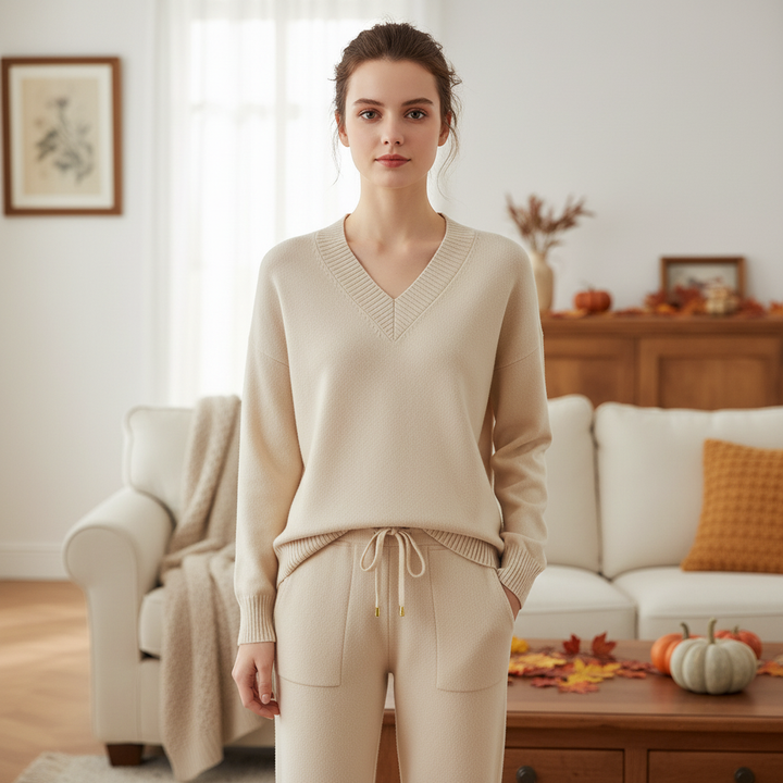 Comfortabele tweedelige gebreide set voor dames, ideaal voor loungewear in herfst/winter. Stijlvolle casual outfit.
