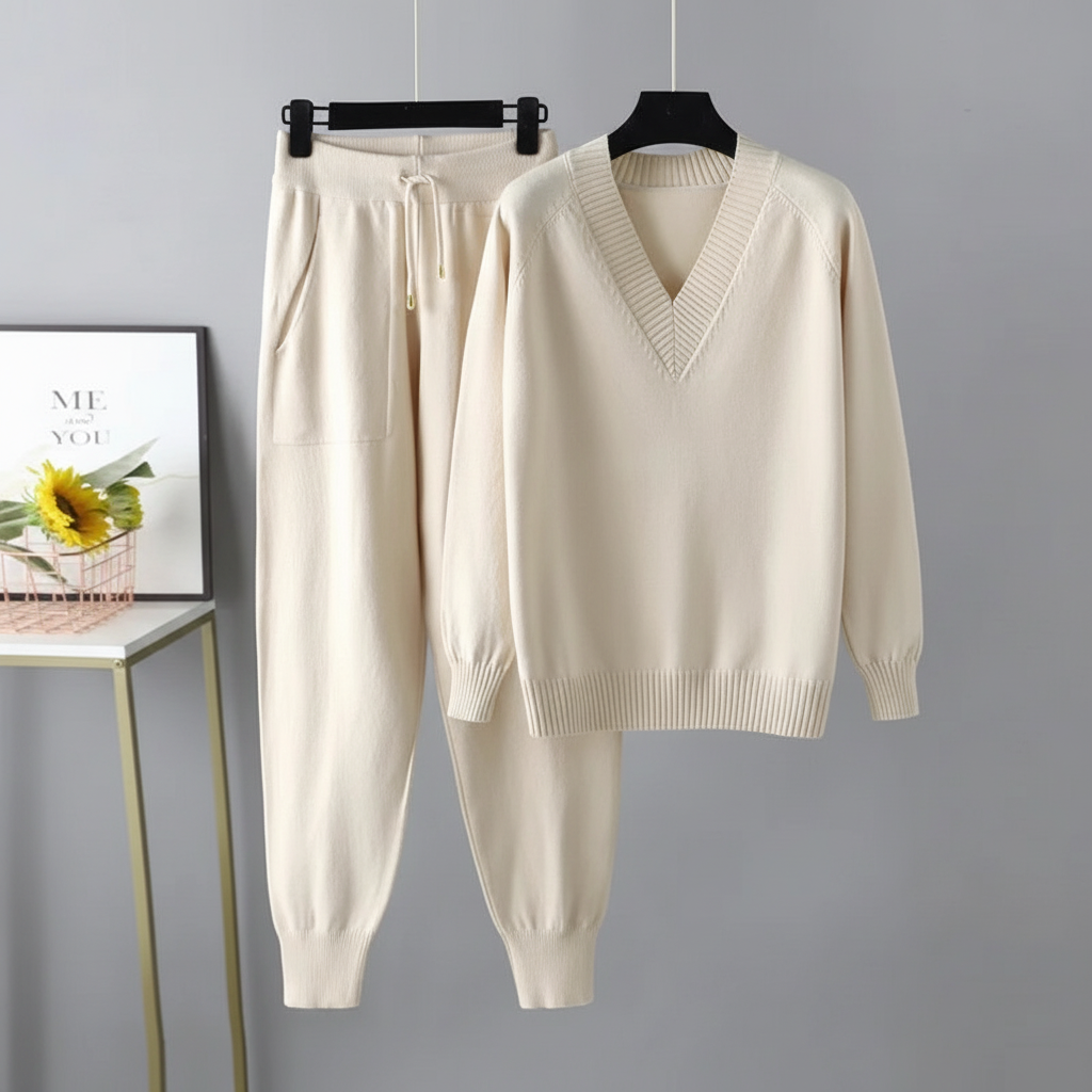 Stijlvolle gebreide dames set 'Alicia' voor herfst/winter. Tweedelige outfit, ideaal als comfortabele loungewear.