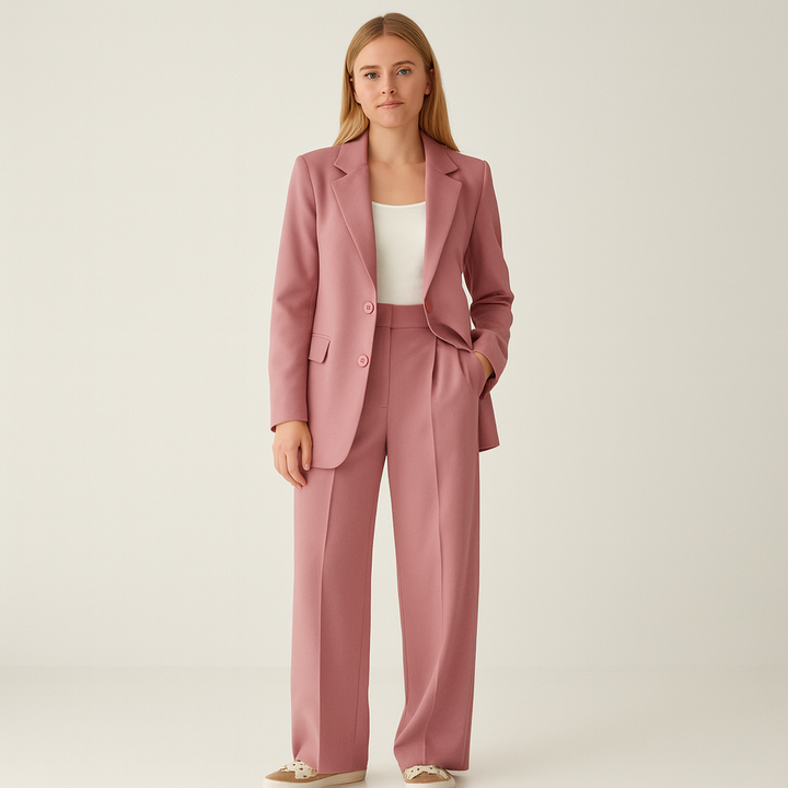 Stijlvol dames broekpak: Een getailleerde colbert en bijpassende pantalon vormen dit elegante tweedelige pak.
