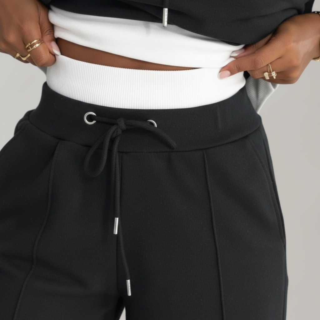Modieus dames vrijetijdsensemble: stijlvolle hoodie en broek set voor een trendy casual chic uitstraling.