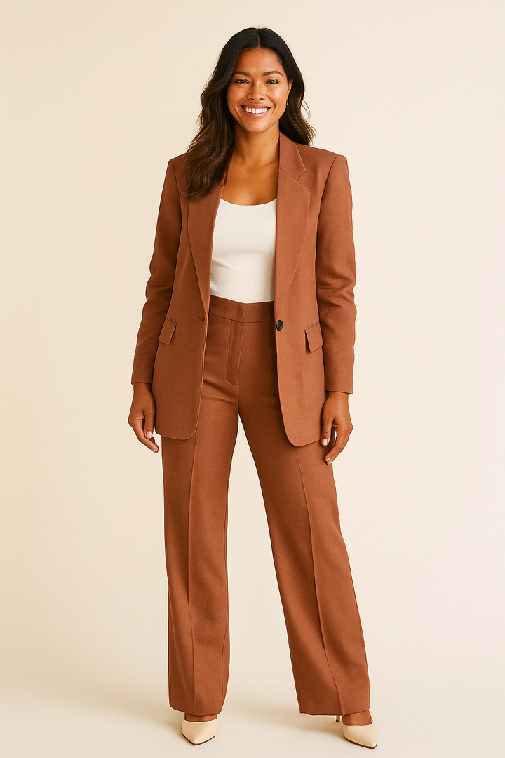 Zakelijke Lauren dames werkoutfitset: tweedelig broekpak met elegante blazer en comfortabele pantalon; modern & chic.