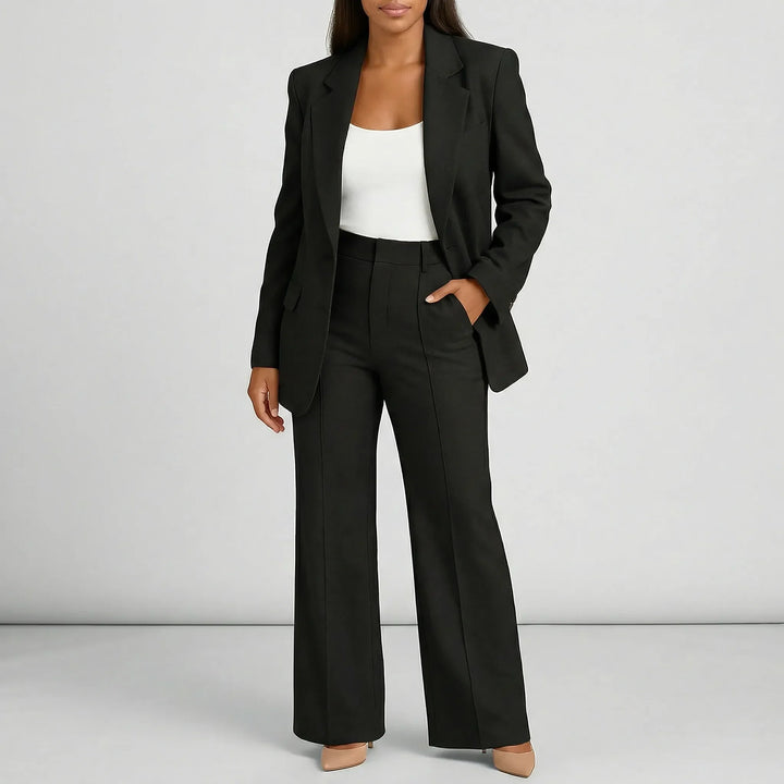 Chique dames pakset Lauren, tweedelig met elegante blazer en wijde broek, ideaal voor een professionele uitstraling.