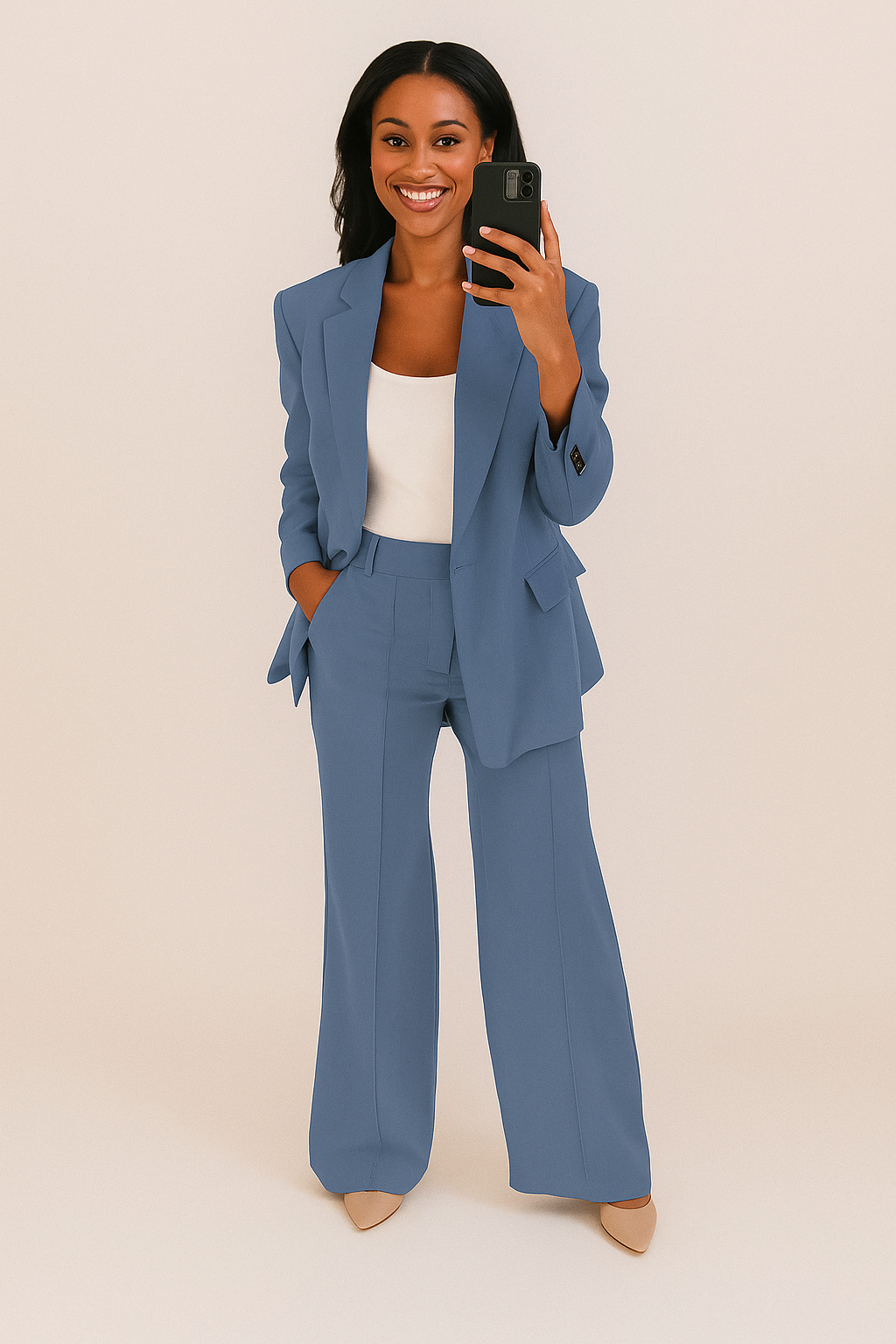 Model draagt een Lauren tweedelig dames broekpak: een elegante & comfortabele outfitset met pantalon & blazer.