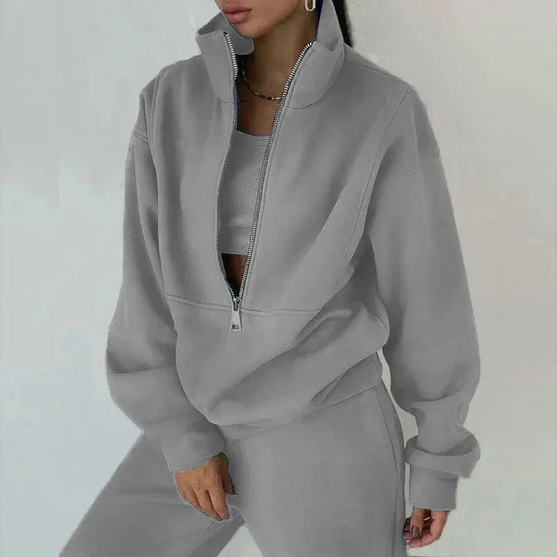 Casual dames tweedelige outfitset Alexis: warme sweater met halve rits en comfortabele broek voor winter.