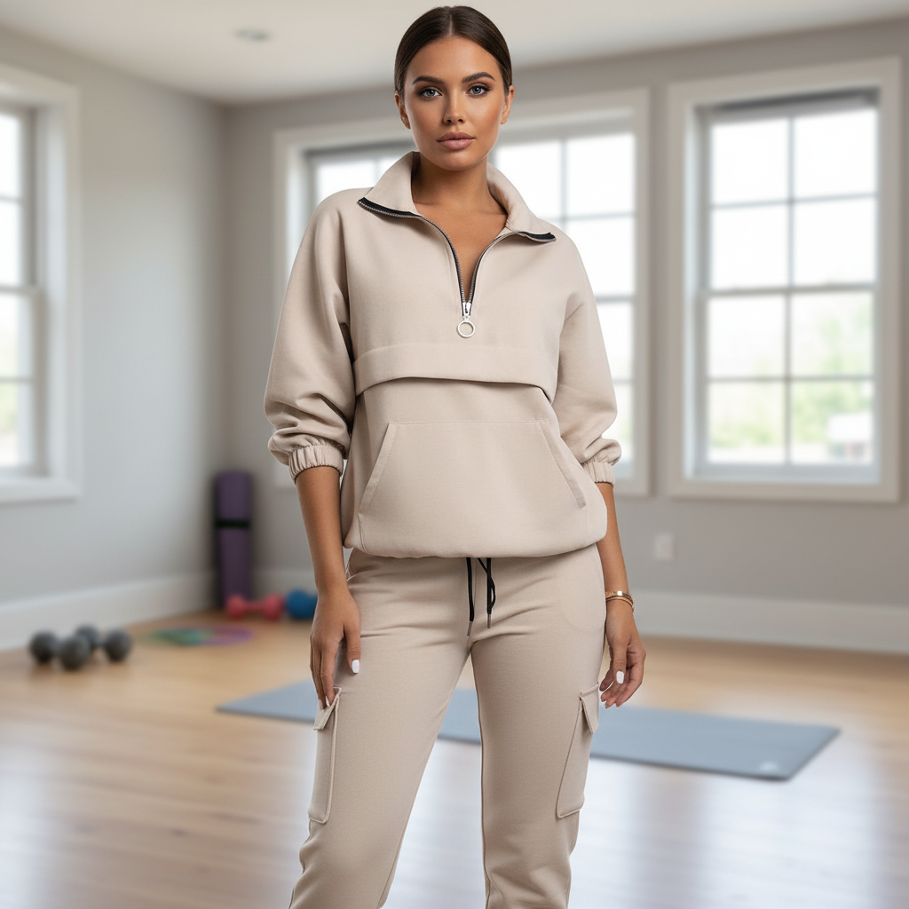 Stijlvol beige dames tweedelig sportoutfit Sophia, perfect voor comfortabel sporten of casual loungewear in herfst/winter.