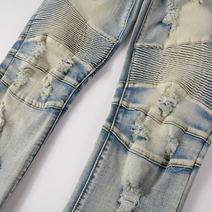 Veelzijdige lichtblauwe heren skinny jeans met bikerdetails, gedistresseerd en gescheurd voor casual outfits.