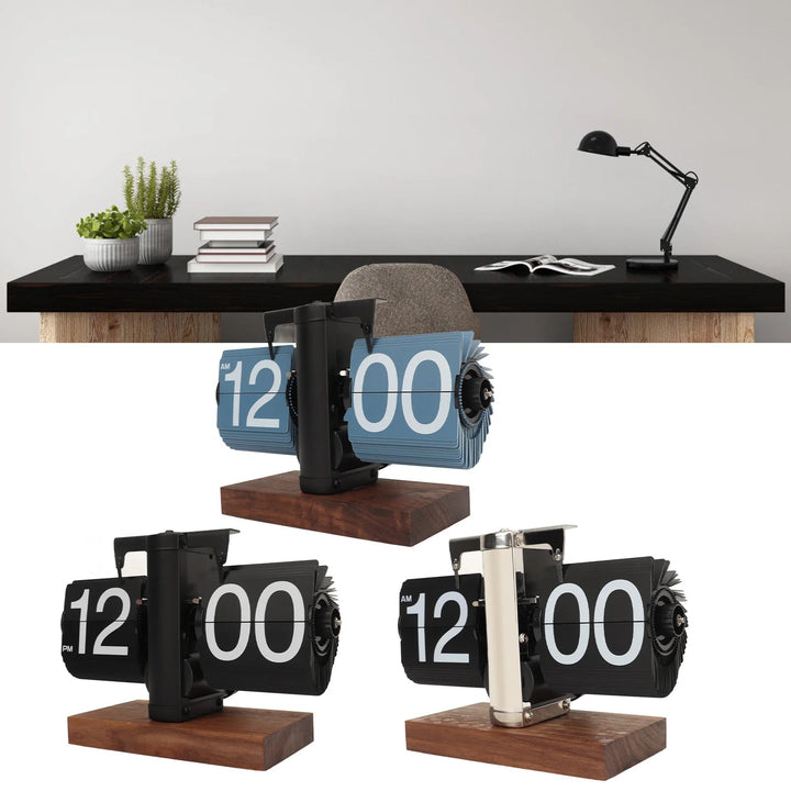 Sfeervolle retro walnoot houten flip down klok, decoratieve vintage tafelklok voor elk interieur.