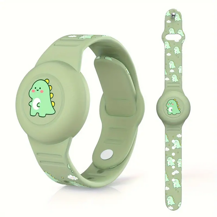 Stoere DinoTrack kinder GPS tracker, gemaakt van zacht siliconen met leuk dino patroon; comfortabel en veilig.