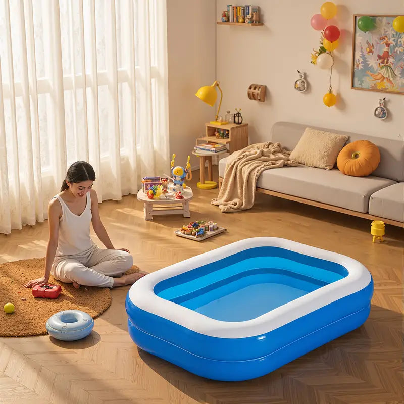 Groot 4-persoons opblaasbaar zwembad van stevig PVC in de tuin voor zomers familieplezier en ontspanning.
