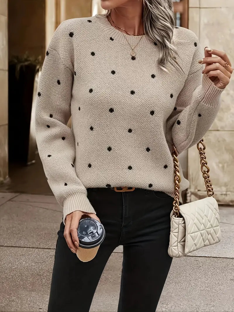 Kaki polkadot trui voor dames, casual en stijlvol, ideaal voor dagelijks gebruik in de winter.