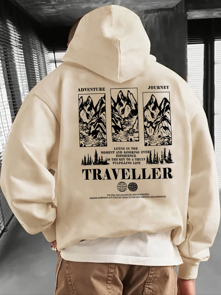 Heren hoodie met comfortabele losse pasvorm, capuchon en uniek berglandschap design. Casual beige streetwear.