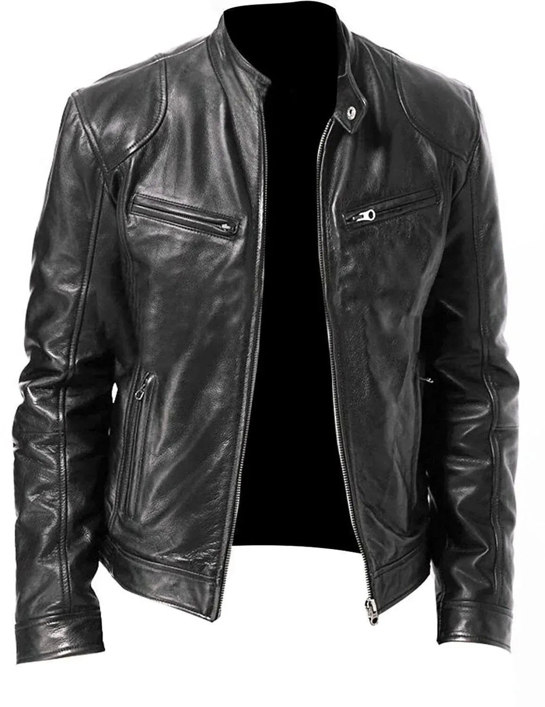 Stijlvol heren motorjas met diagonale rits, modern zwart bikerjack voor een stoere uitstraling.