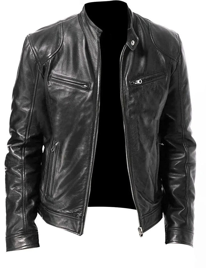 Stijlvol heren motorjas met diagonale rits, modern zwart bikerjack voor een stoere uitstraling.