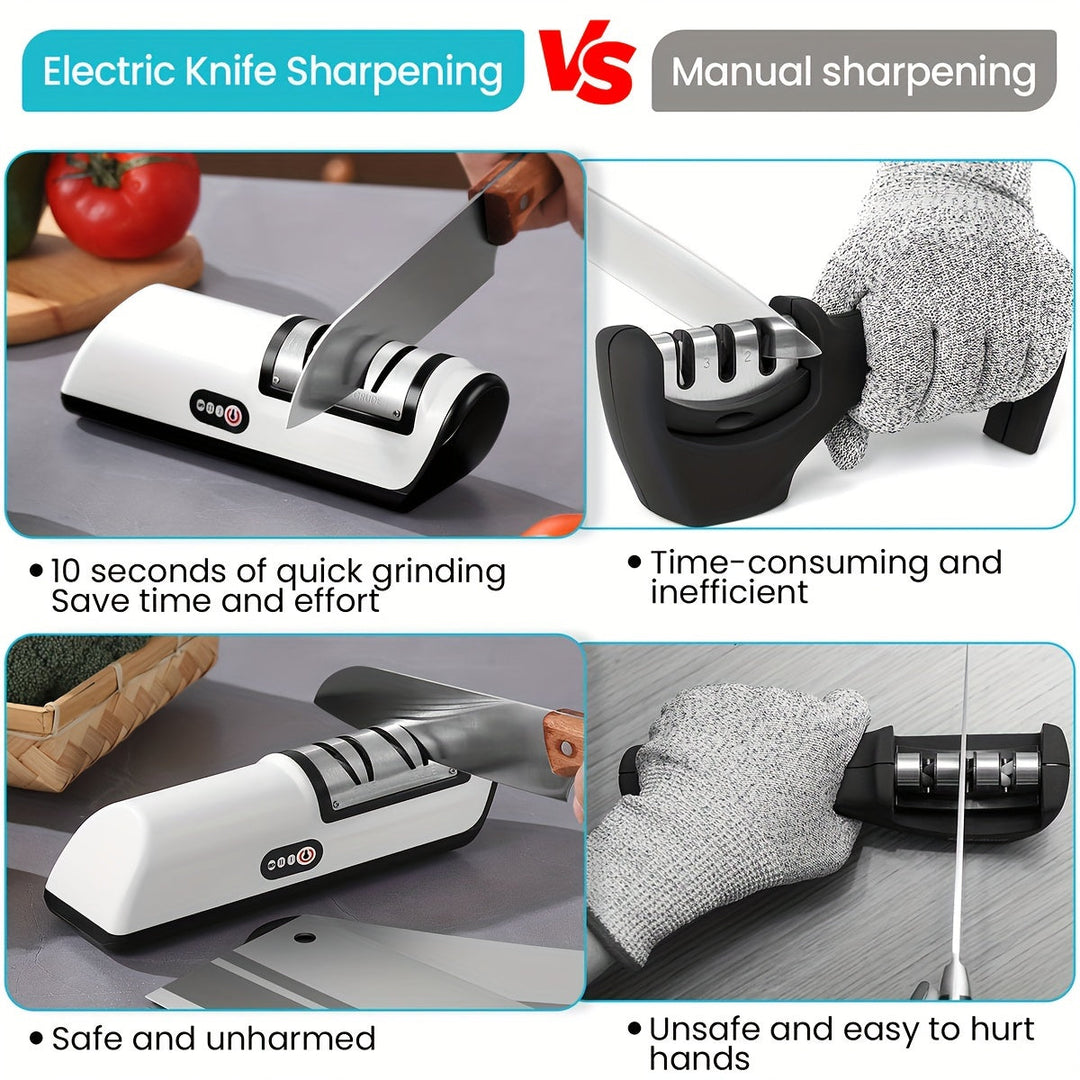 Professionele elektrische messenslijper voor de thuiskeuken, altijd klaar door USB opladen.