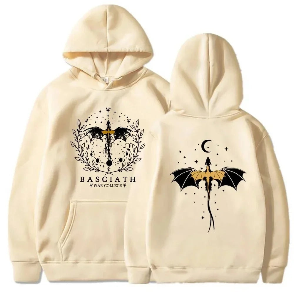 Warme unisex hoodie met Fourth Wing Basgiath War College opdruk, leuk cadeau idee voor elke fantasy fan.
