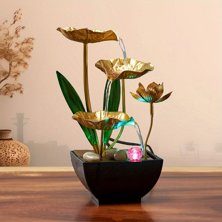Rustgevende lotus binnenfontein voor ontspanning, meditatie en een serene sfeer in woonkamer of kantoor.