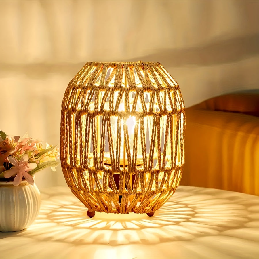 Bohemian rotan tafellamp, handgemaakt voor sfeervolle verlichting in slaapkamer of woonkamer.
