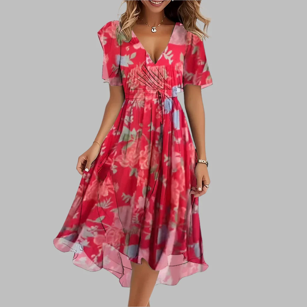 Stijlvolle geplooide dames midi-jurk van satijn met levendige bloemenprint, ideaal voor een elegante gelegenheid.