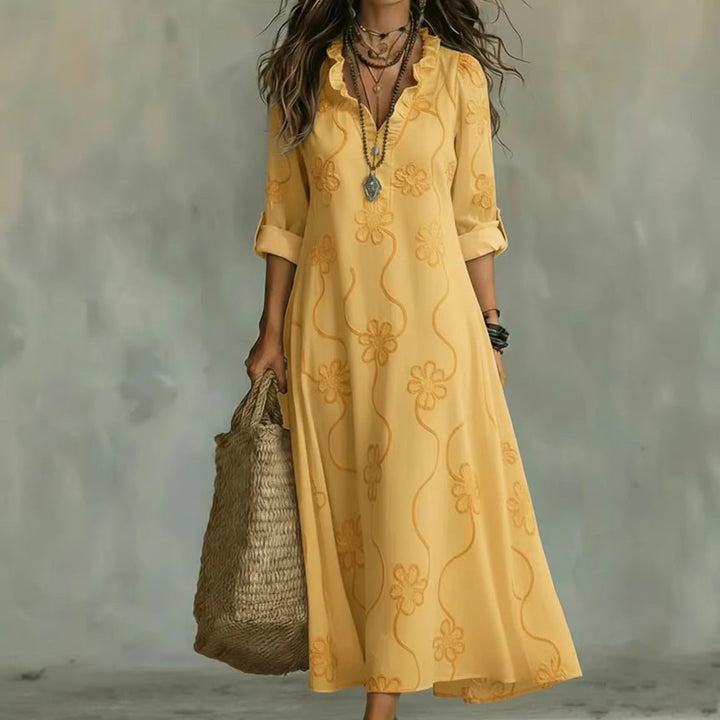 Bloemrijke kaftanjurk CJ26 voor dames, losvallend model met 3/4 mouwen. Perfecte comfortabele maxi jurk voor vakantie.