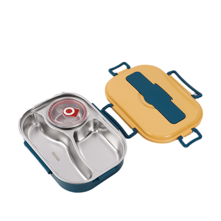 Thermische bento lunchbox RVS met compartimenten voor warme maaltijden, ideaal voor werk & school.