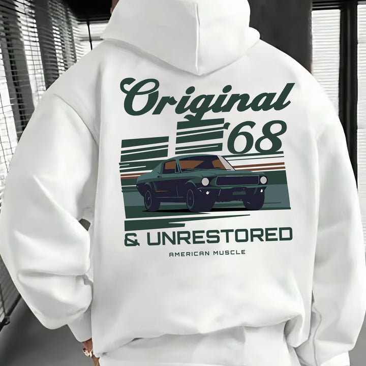 Hoogwaardige vintage muscle car hoodie voor heren, klassiek ontwerp met nadruk op comfort en stijl.