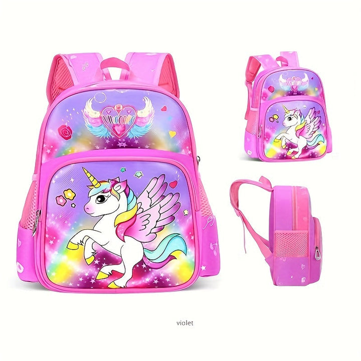 Comfortabele kinderrugzak met verstelbare banden, voorzien van een speelse eenhoorn design.