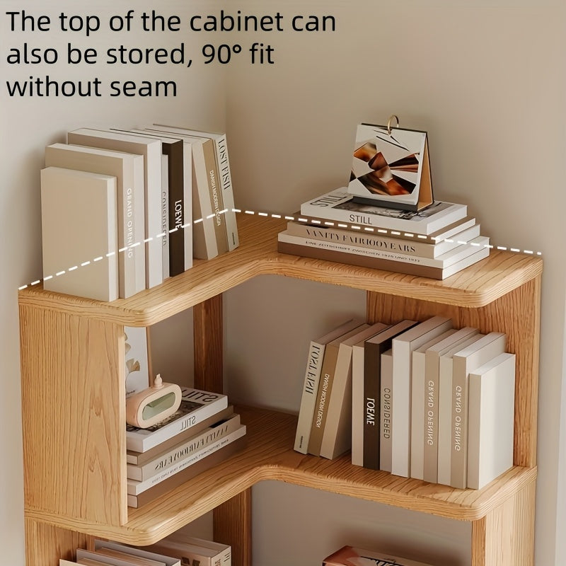 Robuuste massief houten hoekkast met open planken, ideaal voor het tentoonstellen van decoratie en boeken.