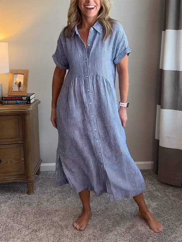 Zoom op de zoom van elegante gestreepte blousejurk voor dames, comfortabele lengte voor zomer.