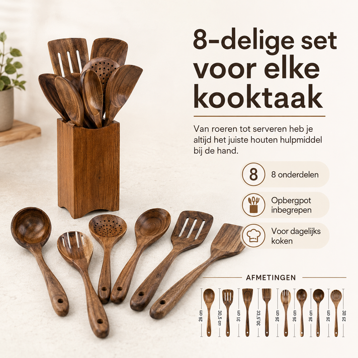 Complete 8-delige acaciahout kookgerei set. Duurzame, krasvrije houten lepels en spatels voor dagelijks gebruik.