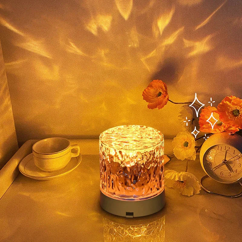 USB-aangedreven AuraGlow sfeerlamp met draadloze afstandsbediening, RGB LED en watergolven. Perfecte woondecoratie.