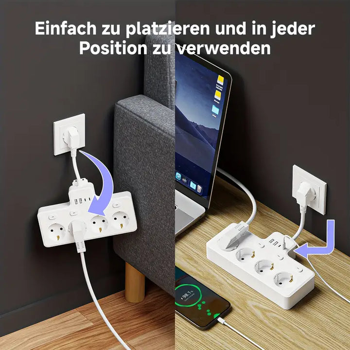 Veilig 8-in-1 stroompaneel, USB & Type-C snellader met meervoudige AC stopcontacten. Essentieel voor elektronica.