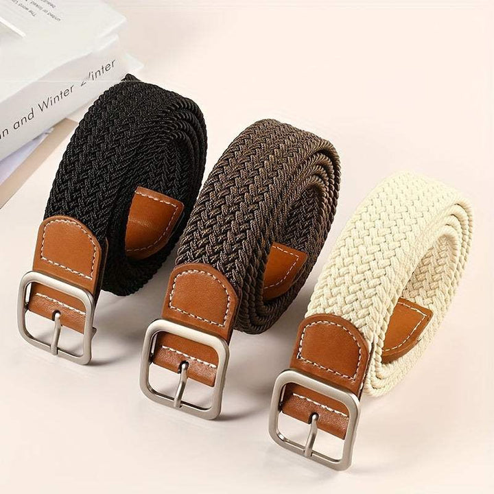 Beige gevlochten riem, elastisch en comfortabel unisex accessoire voor stijlvolle dagelijkse outfits.
