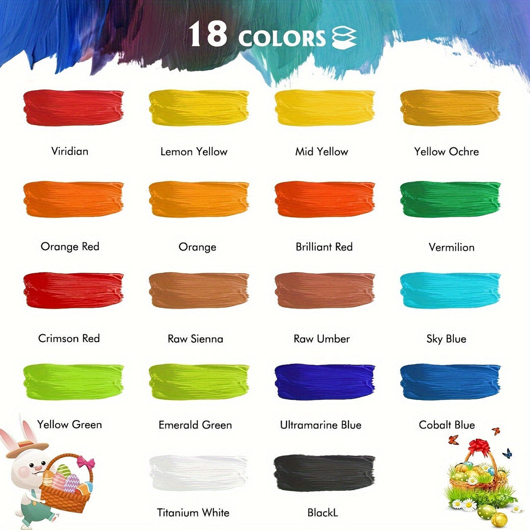 Acrylverf set met 18 heldere kleuren en 10 comfortabele penselen, klaar voor al je creatieve schilderwerken.