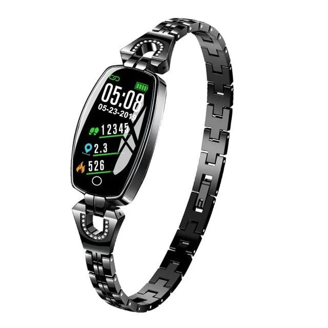 Dames fitness armband in zwart, waterdicht en stijlvol, perfect voor een actieve levensstijl en gezondheid.