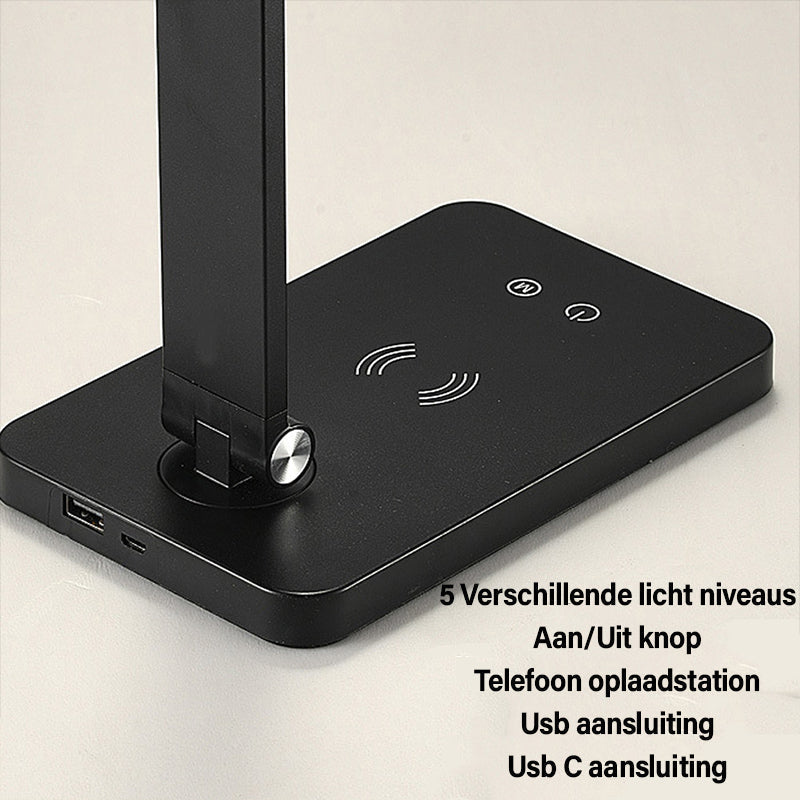 Flexibele LumiGlow LED-bureaulamp, dimbaar licht voor werkplek, met handige USB en draadloos opladen.