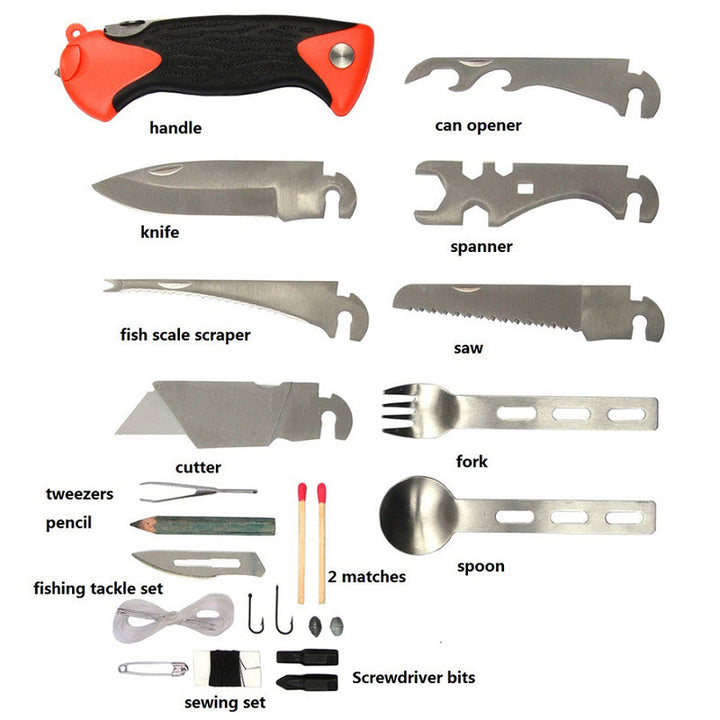ProGear overlevingskit naast tent op camping, klaar voor survival avontuur. Multifunctionele gereedschapset voor outdoor.