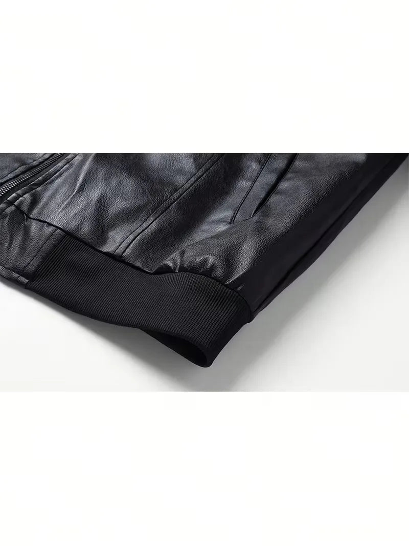 Urban stijl zwart heren bomberjack van kunstleer, slim fit overgangsjas met lange mouwen.