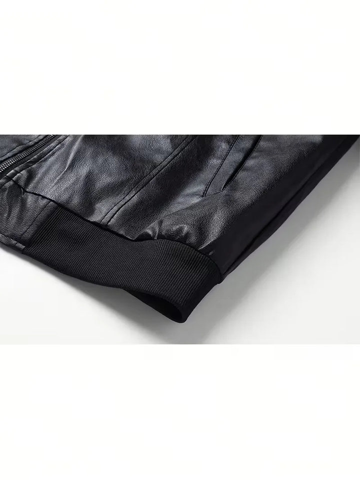 Urban stijl zwart heren bomberjack van kunstleer, slim fit overgangsjas met lange mouwen.