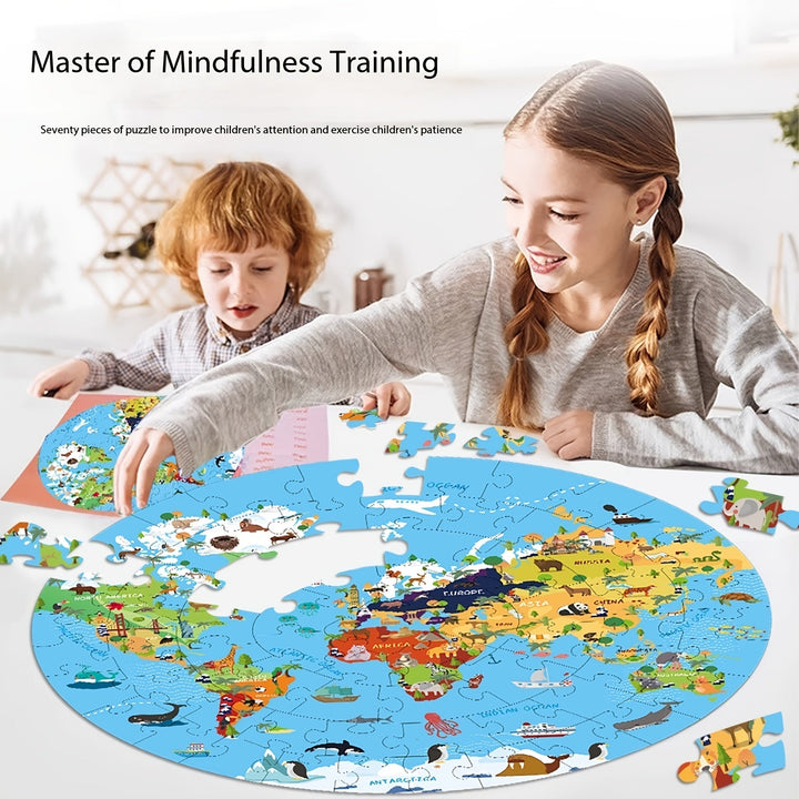 Educatieve 70-delige ronde wereldkaart vloerpuzzel met diverse dieren voor jonge kinderen.