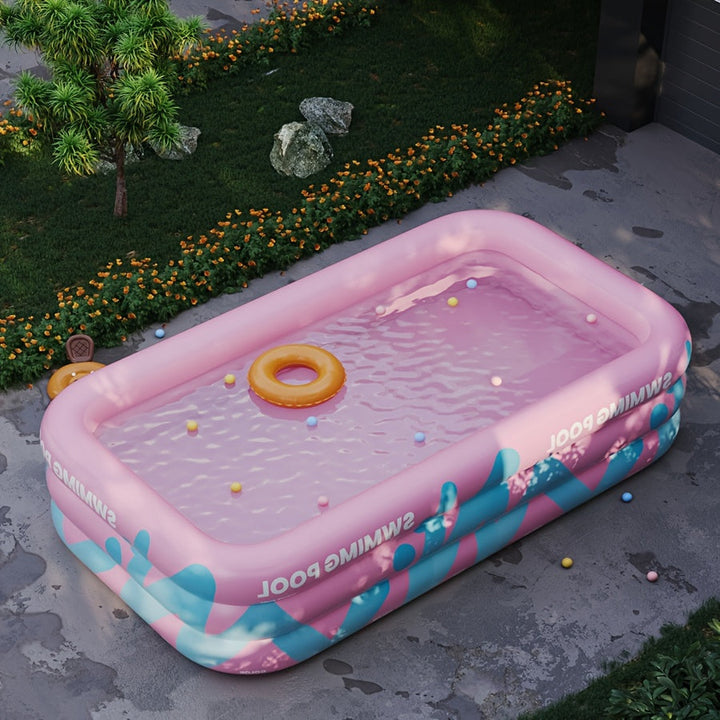 Duurzaam opblaasbaar familiezwembad van stevig PVC, ideaal als kinderzwembad en voor langdurig zomerplezier.