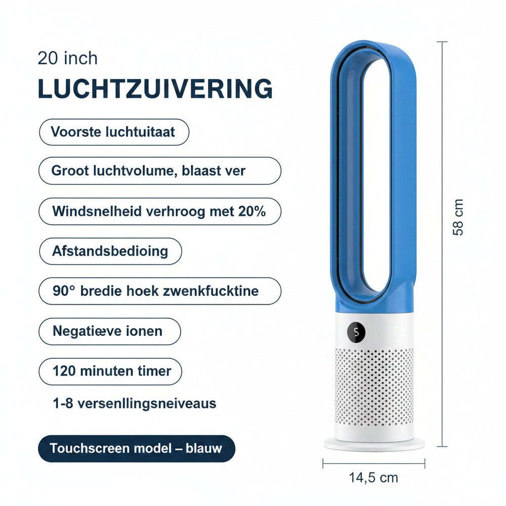 Torenventilator CJ26 zuivert de lucht en koelt stil, ideaal voor frisse lucht in slaapkamer of kantoor.