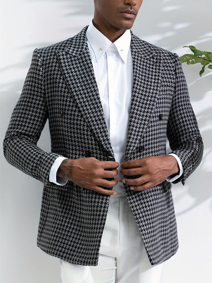 Zwart-wit geruite stof van de Oliver heren blazer, klassiek ruitpatroon met moderne uitstraling, hoogwaardig jasje.