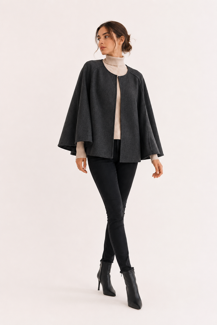 Dames cape-mantel met open voorkant, wijde mouwen, ideaal voor herfst/winter. Stijlvolle losvallende bovenkleding.